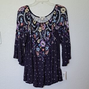 Style & Co. Floral Peasant Tunic - Dark Blue with Multicolor Floral Design